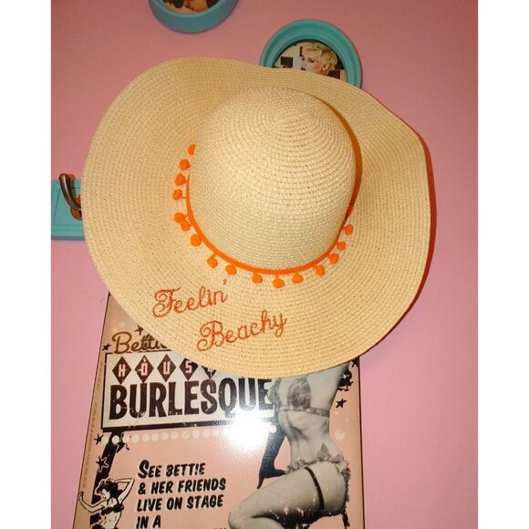 Vintage Feelin' Beachy Ivory Woven Sun Hat with orange pom pom fringe pinup - Picture 13 of 13